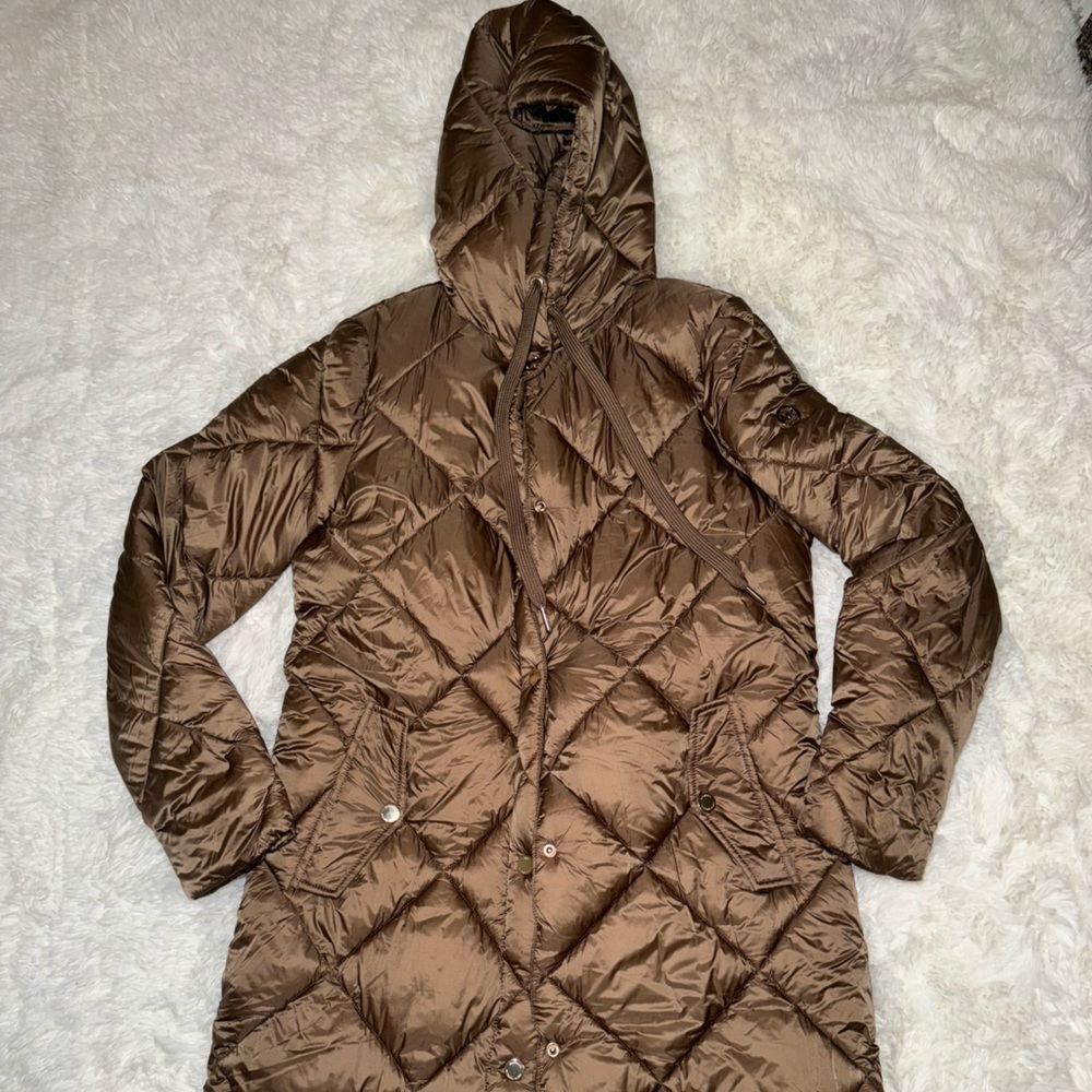 Michael Kors Brown Quilted Puffer Coat with Hood
